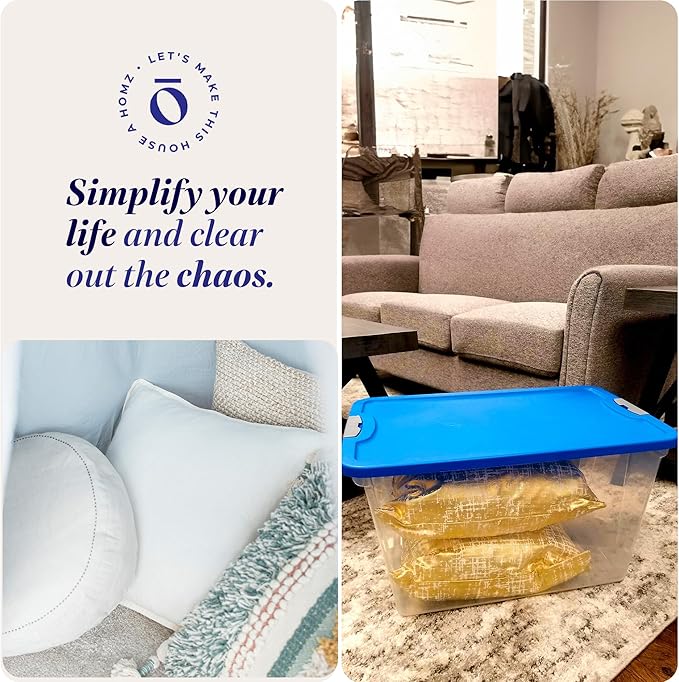 HOMZ 2-Pack Secure Latch, Clear Plastic Storage Organizer Bins, 64 Quart, Blue Lid - Stackable Container Boxes for Bedroom, Bathroom, Garage, and Office Organization