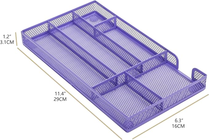 Annova Desk Drawer Organizer Tray for Office Organization - Metal Mesh - Storage Tray with Dividers for Pens, Desktop Accessories, Bathroom, Kitchen, Makeup and Office Supplies (Small, Purple)