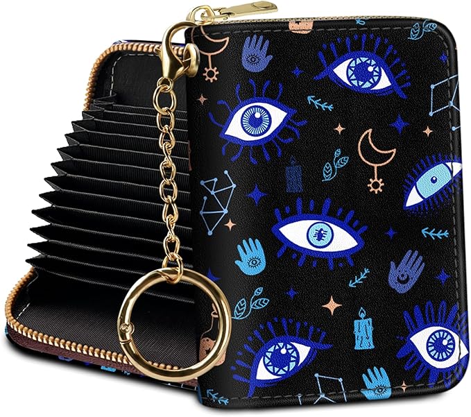 Credit Card Holder RFID Wallet, Small Card Holder Wallet for Women with Keychain Zipper, Funny Leather Print Credit Card Wallets Accordion Gift