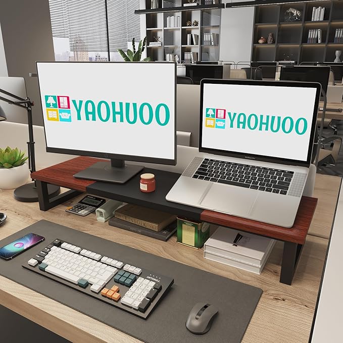 YAOHUOO Dual Monitor Stand Riser, 39Inch Large Monitor Stands for 2 Monitors, Computer Monitor Stand, Wooden Desktop Oraganizer Shelf for Office Desk Computer,Laptop,TV