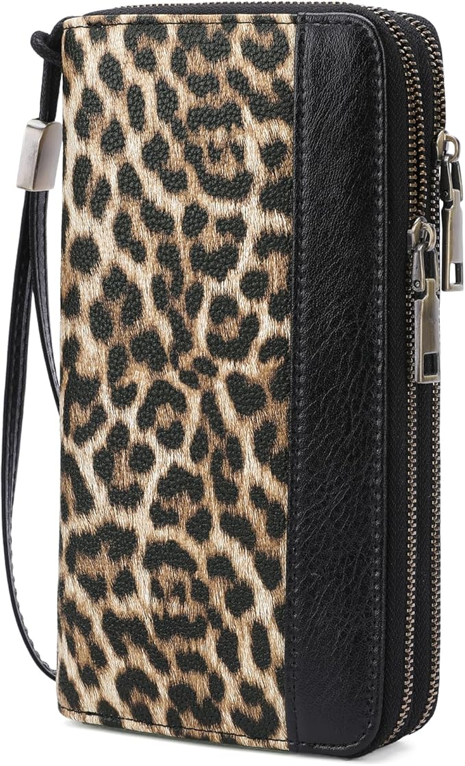 GOIACII Women's Wallet Large Capacity Double Zip Ladies Card Phone Holder RFID Blocking Wristlet Leather