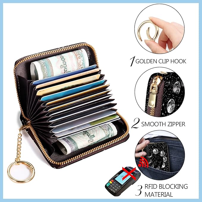 Blusabaca Credit Card Holder for Women, Moon Small RFID Blocking Wallet with Wristlet Strap, Keychain Zipper Women Wallet, Leather Card Case, Card Wallet Purse with Key Lanyard