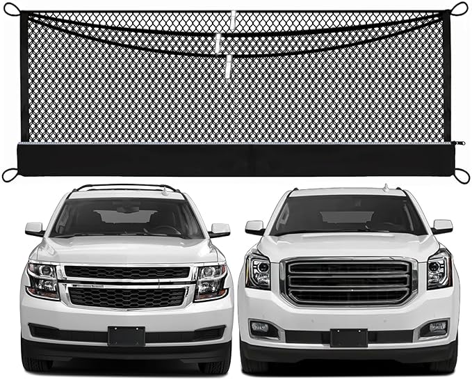 3-Layer Cargo Net for Chevrolet Suburban & GMC Yukon XL 2015-2020, Zoned Storage Trunk Net with Foldable Zippered Bottom Bag, Heavy-Duty Cargo Organizer Netting for Camping, Trips & Everyday Use