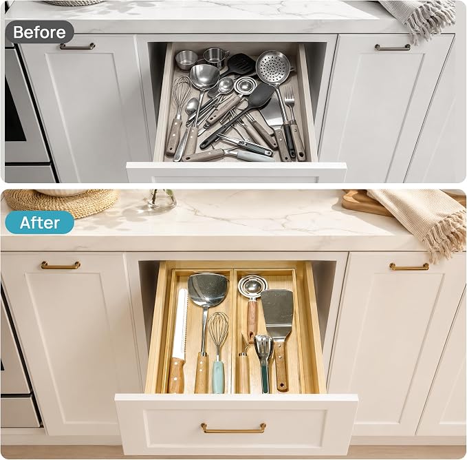 Vtopmart Bamboo Drawer Organizer Boxes - Set of 2 Multi-purpose Wooden Storage Dividers for Kitchen, Bathroom, Office, Desk, Makeup, Jewelry & More, Non-Slip Junk Drawer Organizer Trays for Storage
