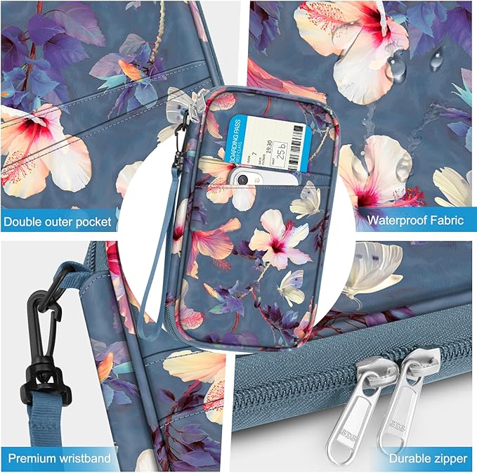FINTIE Family Passport Holder for Travel, 6 People Big Capacity RFID Blocking Travel Document Organizer Clutch Bag with Pen Holder Keychain Credit Cards Case Cover for Women Men, Blooming Hibiscus
