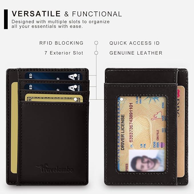 Travelambo 100% Genuine Leather Wallet for Men and Women, Slim Minimalist RFID Blocking Front Pocket Credit Card Holder with Gift Box
