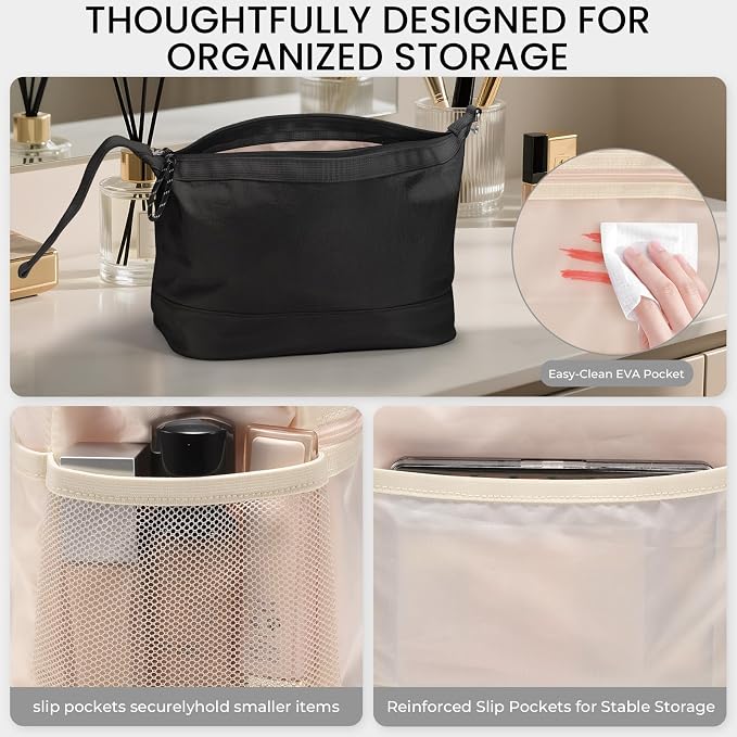 HauteHues Travel Makeup Bag for Women Large Capacity Cosmetic Handheld Portable Organizer Large Opening Waterproof Storage Toiletry Bags Black