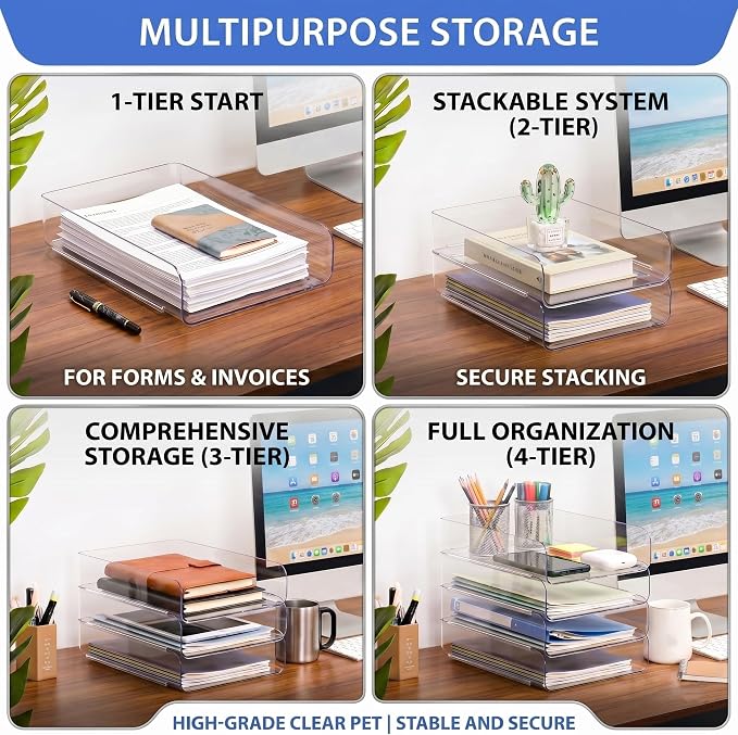 CiWiVOKi 4 Trays Paper Organizer Letter Tray, Acrylic Clear PET Desk File Organizer, Stackable Paper Holder Sorter for Desk Accessories, Files, Documents, iPad, Books, A4 Size, No Assembly Required