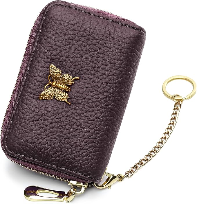imeetu RFID Credit Card Holder for Women Genuine Leather Card Case Wallet with Zipper and Removable Keychain (Purple Coffee)