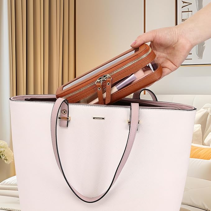 Pinkmik Makeup Brush Case Clear Travel Cosmetic & Toiletry Bag Slim Makeup Bag with Zipper Small Purse Organizer Car Essential for Women (X/Brown, SLIM-1)