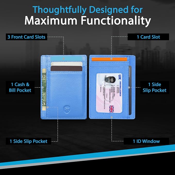 ALLEN & MATE 100% Genuine Leather Slim Minimalist wallet RFID Blocking Card Holder Wallets for Men & Women - Holds 7 Cards, ID & Cash with Gift Box (Blue)