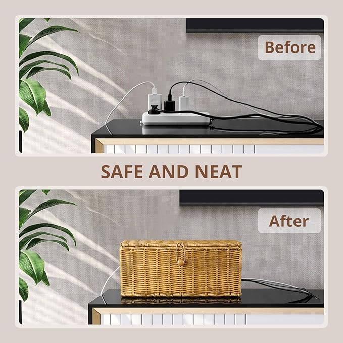 Cable Management Box, Handwoven Synthetic Rattan Cable Organizer, 2 Side Open Slots Cords Hider Box, Under Desk Cord Organizer for USB Wire, TV PC Charger & Power Strip, Natural
