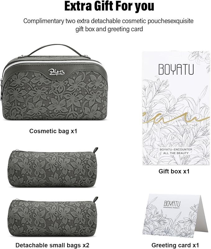 BOYATU Travel Makeup Bag Cosmetic Bags for Women: Large Capacity 3 Pcs Set Make up Bag with Compartments - Waterproof Vegan Leather Toiletry Organizer Bags with Handle (Z-62Grey)