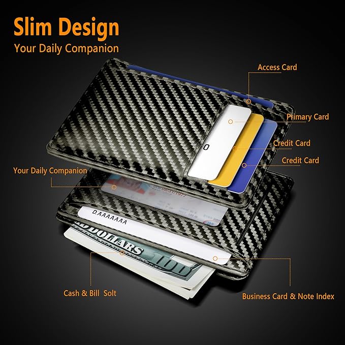 Travelambo Front Pocket Minimalist Leather Slim Wallet RFID Blocking Carbon Fiber Texture