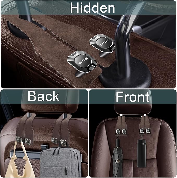 FACIACC 4 Pack Car Seat Headrest Hooks, Purse Hook for Headrest Universal Double Car Headrest Hooks Accessories Backseat Hanger Bag Holder Storage Hanger for Handbag Purse Coat Bags, Brown