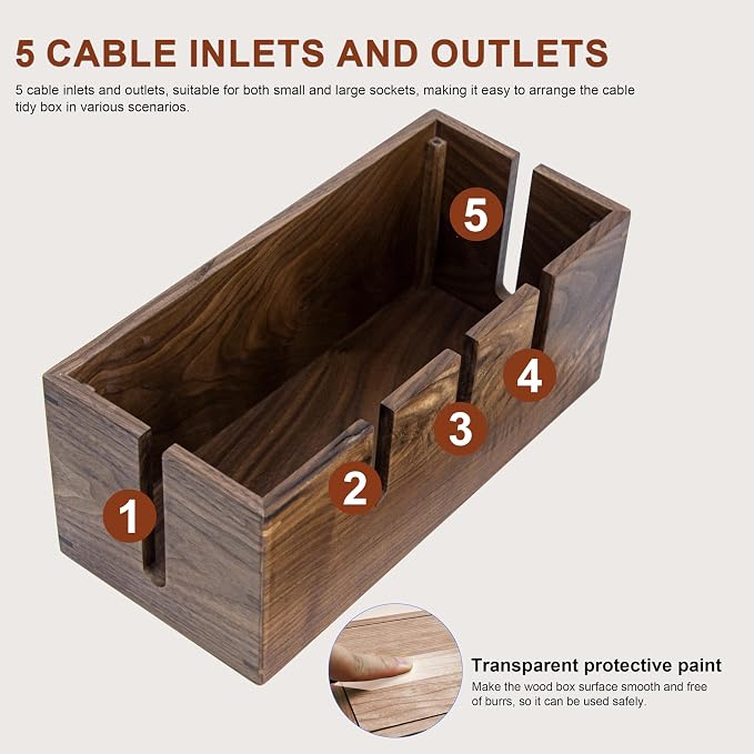 Elitzia Wood Cable Tidy Box Large Desk Cable Management Box Cord Wire Organiser for Hiding Messy Cables Wire Management Natural Walnut Wood Cables Storage Tidy Boxs for Home Salon SPA Office ETCHER02
