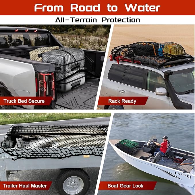 Truck Bed Cargo Net, Stretchable from 4'x4' to 7'x7',High Elastic Cargo Net with Storage Bag and 8 rustproof Buckles, Ideal for ATV, SUV, UTV, Truck and Boat Use, Black