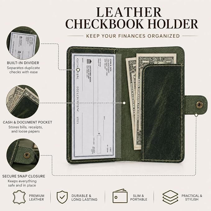 Genuine Leather Checkbook Cover Green - Handmade Check Holder with Divider & ID Window, Slim Organizer Wallet for Business, Travel & Everyday Use, 3.5 x 7 in