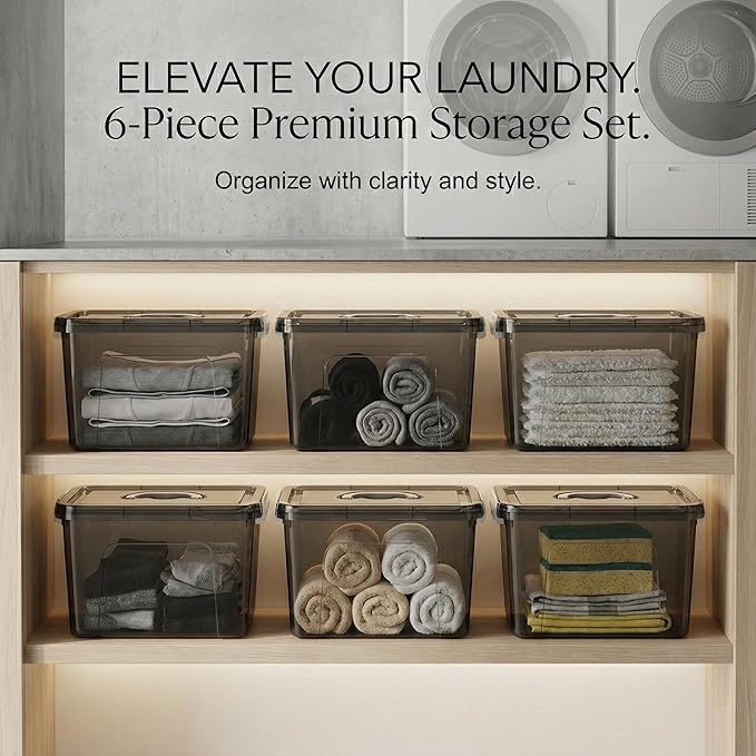 6 Quart Stackable Plastic Storage Bins with Lids, 6 Pack Clear Black Small Organizer Boxes with Latches for Bathroom, Pantry, Office Desk and Small Item Storage