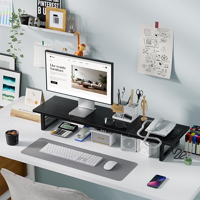 Simple Trending Dual Monitor Stand Riser with 2 USB Charging Ports, Desk Organizer With Drawer and 2 Pen Holders, Shelf for Top of Desk, Black