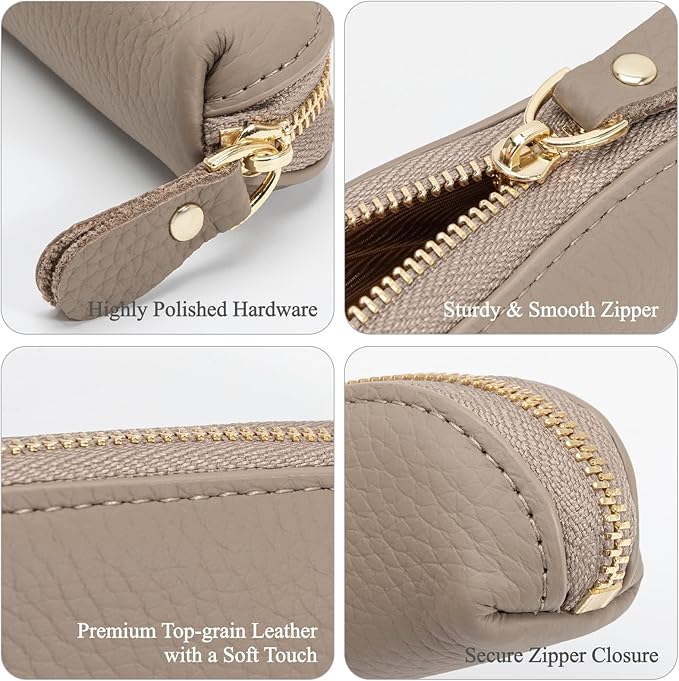 Full Grain Leather Coin Pouch - Travel Small Coin Purse with Zipper - Mini Key Pouch Change Purse for Women and Men (Elephant Gray)