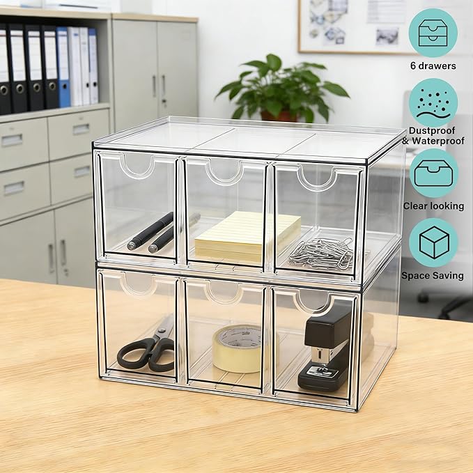 Prsildan Acrylic Makeup Organizer, 2 Pack Stackable Storage Drawers with 6 Drawers for Office Desk Vanity Craft Room Clear Drawer Organizers for Hair Accessories Art Supplies Cosmetics Modular System