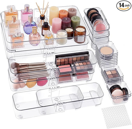 Aneco 25 Pieces Extendable Clear Drawer Organizer Adjustable Vanity Storage Box 4-Size Desk Drawer Divider Acrylic Storage Bins for Makeup, Cosmetic, Jewelries, Bedroom Kitchen Utensils Gadgets