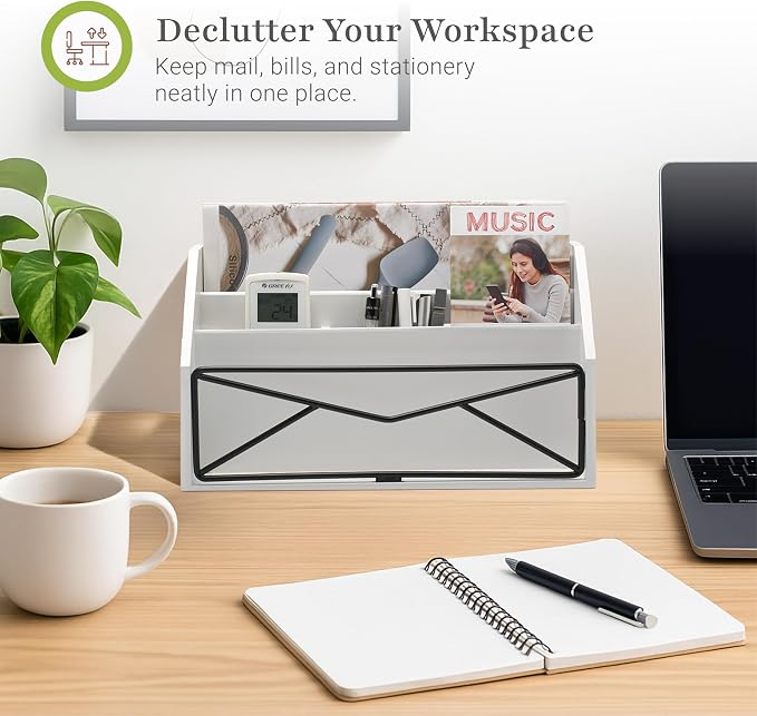 Prosumer's Choice Bamboo Desk Organizer – White Powder-Coated Natural Bamboo Mail Organizer for Countertop - Wooden Desktop Organizer for Mail, Files, Letters, and Tabletop Storage