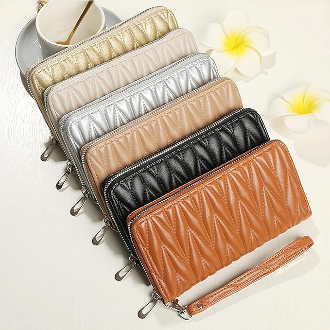 Women's Zip Wristlet Wallet - Large Capacity RFID Blocking Clutch Purse Quilted Soft Vegan Leather Travel Organizer