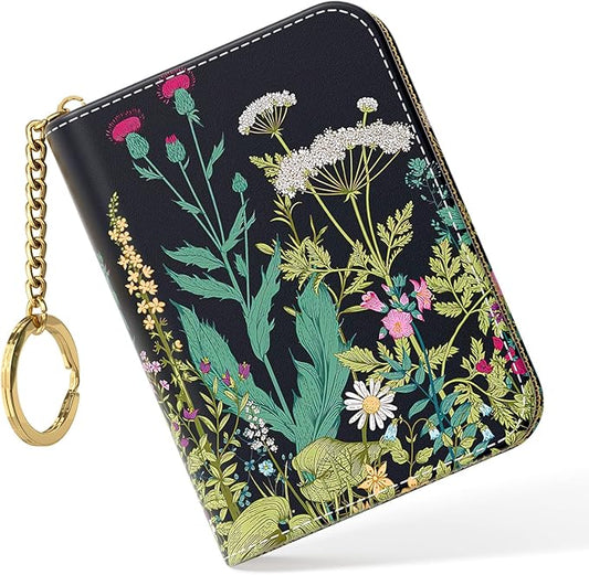 Nipichsha Credit Card Holder, Small RFID Card Wallet for Women, Slim Leather Card Holder Wallet, Credit Card Wallet Organizer, Pocket Business Card Case with Zipper & Keychain, Dandelion