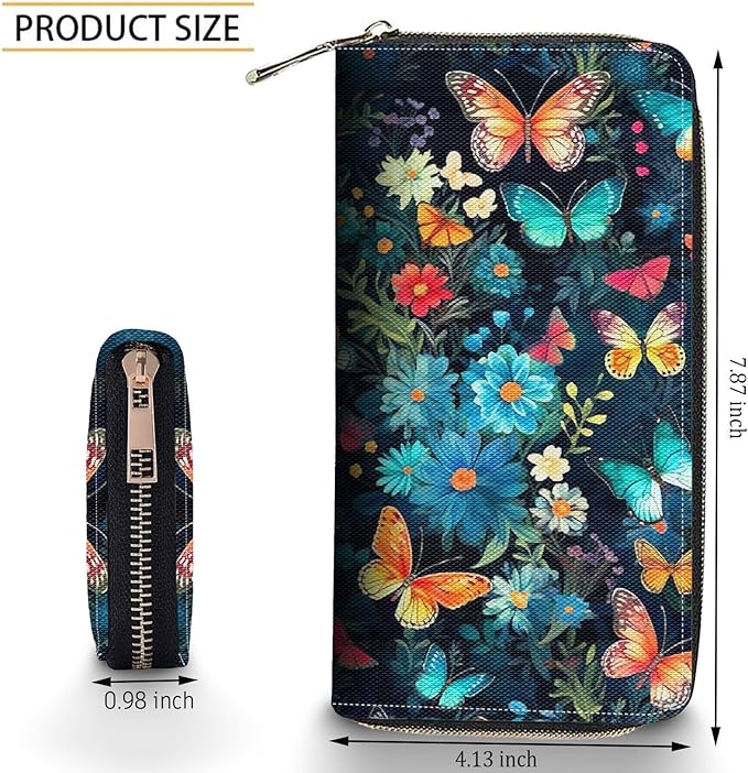Bxgolkgd Womens Wallet, RFID Blocking Leather Wallet,Large Capacity Wallet Credit Card Holder PU Leather Ladies Clutch with Zipper Coin Pocket - Flower Butterfly