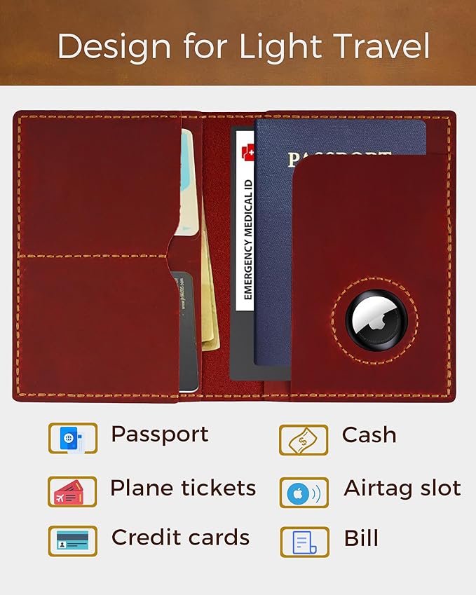 Passport Holder for Travel, Genuine Leather Passport Wallet Cover Case with Airtag Slot, RFID Blocking, for Women Men, Travel Essentials Gift, Red