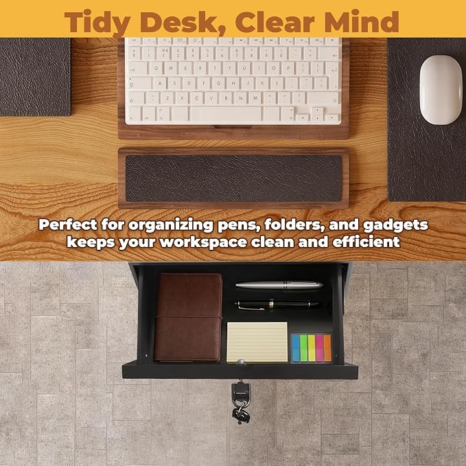 POPMOON 16in Under Desk Drawer with Lock Pull Out Storage Organizer | Carbon steel under desk drawer with lock,smooth slide rails, adjustable mounting height, supports up to 33 lb