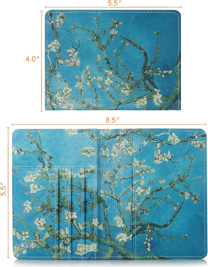 Passport Holder, Slim Travel Wallet RFID Blocking Card Case Passport Cover Protector Travel Essentials with Credit Card Slots Pockets for Women/Men, Almond Blossom Tree
