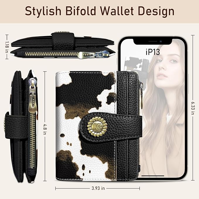 Kelvoris Cow Print Black Small Rfid Women Wallet Bifold Zipper Coin Pocket PU Leather Compact Cash Credit Card Holder Travel Wallet for Female Ladies Teen Girls 1 ID Window 10 Card Slots