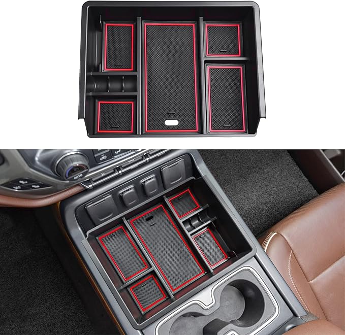 TACOBRO Full Center Console Organizer Compatible with 2014-2018 Sierra 1500 /Silverado 1500 Accessories 2015-2019 Silverado/Sierra 2500 3500HD Compartment Cover Insert Tray Storage, Red