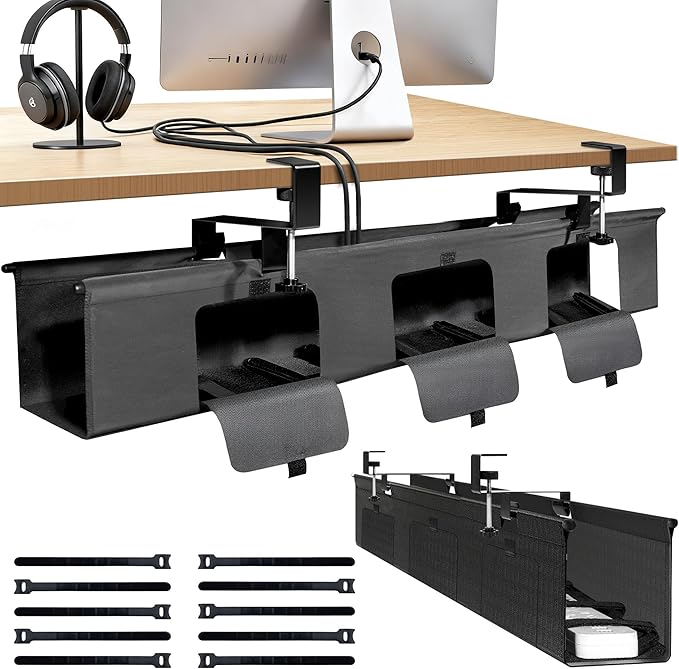 Under Desk Cable Management Tray No Drill, 36" Clamp Mount Under Desk Cord Organizer for Standing Desk Cable Management, Fabric Cord Organizer Fabric for Office Home, Black