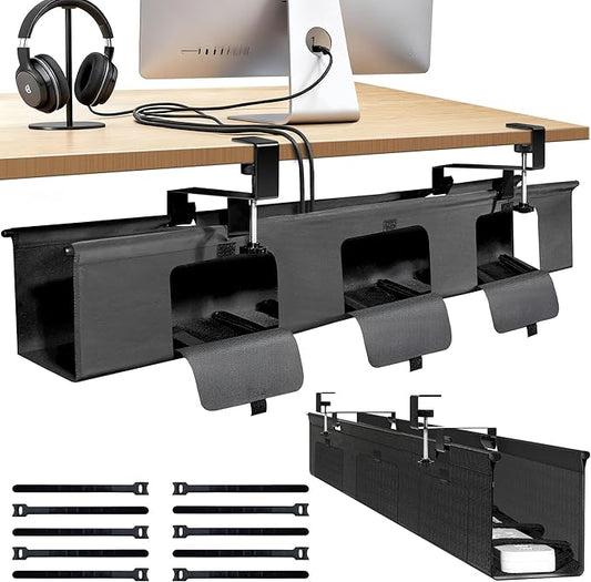 Under Desk Cable Management Tray No Drill, 36" Clamp Mount Under Desk Cord Organizer for Standing Desk Cable Management, Fabric Cord Organizer Fabric for Office Home, Black
