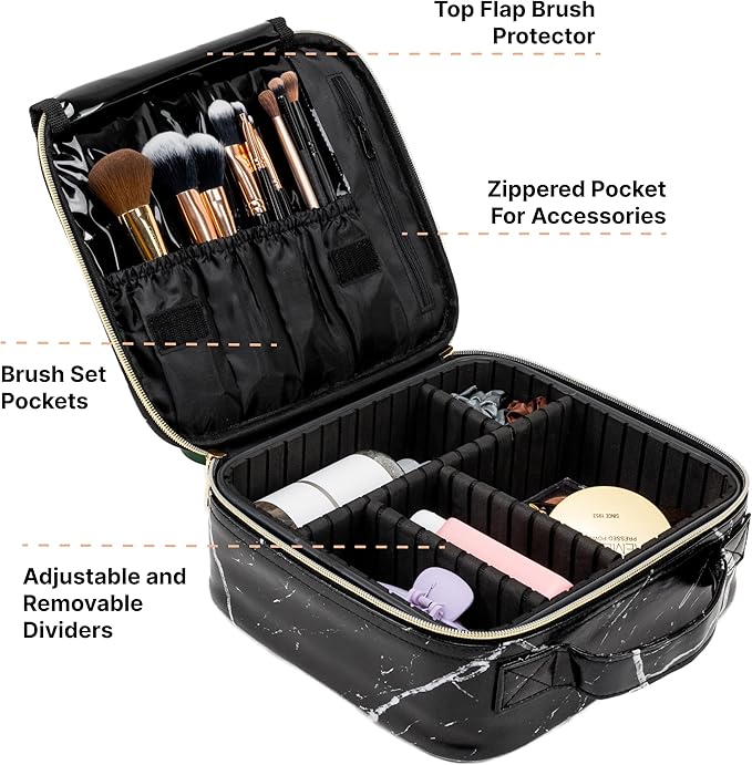 Carrywell Makeup Bag Travel Case, Not-Made In China, Hard Train Case for Cosmetics, Portable Beauty Artists Organizer, Storage Box With Adjustable Dividers For Make Up and Brushes, Small Marble