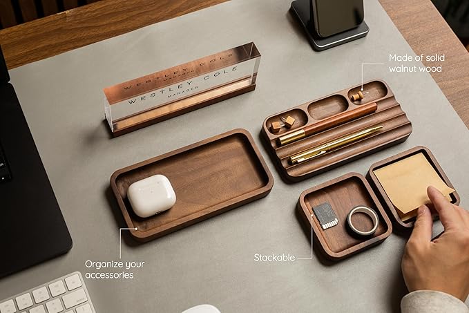 MUUJEE Wooden Desk Organization 5 Piece Set with Name Block - Personalized Acrylic Name Plaque with Wood Base and Desk Accessories Work Professional Office Gift Teacher Dad Organizer