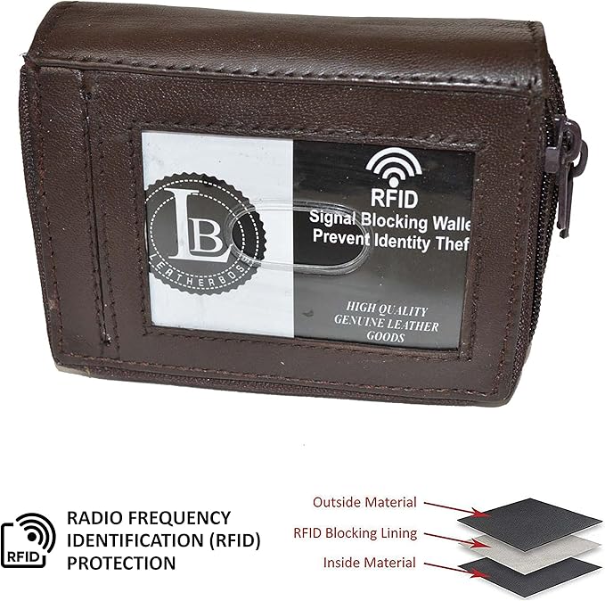Leatherboss Leather RFID Identity Safe Double Zippered Accordion Wallet