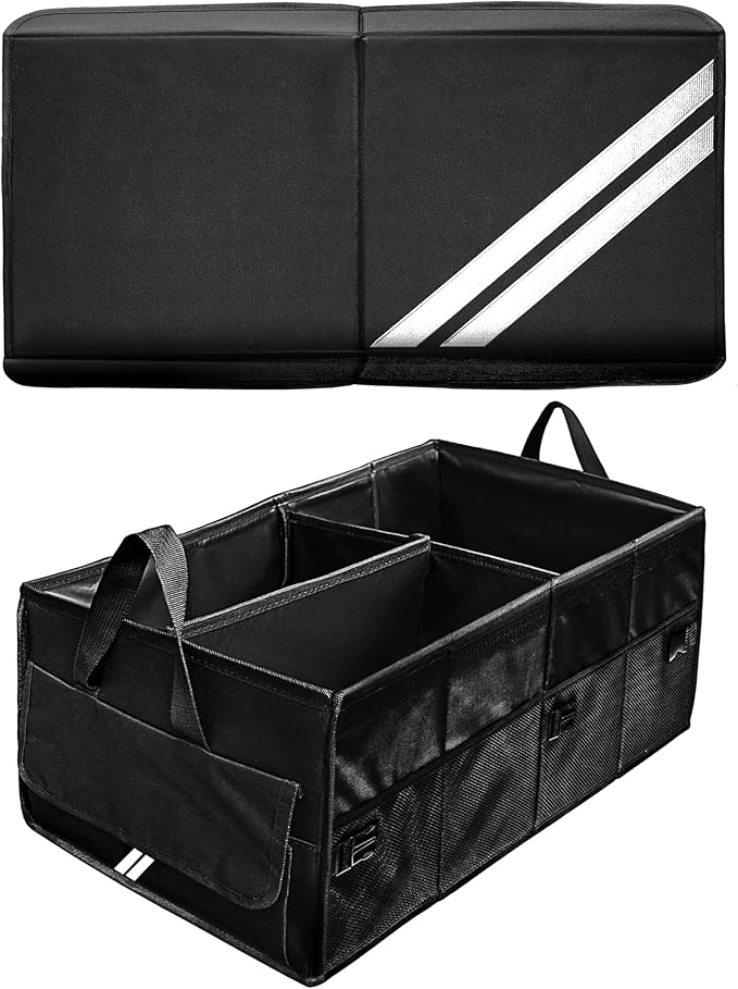 YOSRTER for Dodge Charger Durango Challenger Ram Car Trunk Organizer Collapsible Storage Box with Handle Foldable Lid Non Slip Bottom Sturdy Base Panel 2 Compartment White Trim