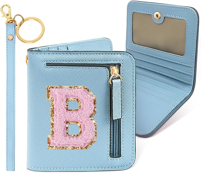 COSHAYSOO Personalized Valentines Day Easter Basket Stuffer Birthday Mothers Fathers Day Appreciation Gifts for Women Nurse Teacher RFID Blocking Wallet Blue Small Mini Wallet Chenille Letter B