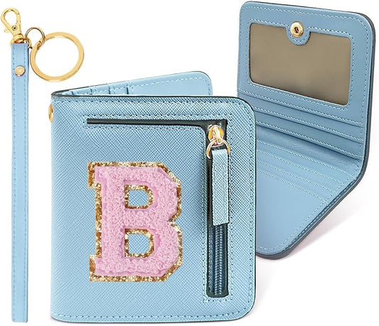 COSHAYSOO Personalized Valentines Day Easter Basket Stuffer Birthday Mothers Fathers Day Appreciation Gifts for Women Nurse Teacher RFID Blocking Wallet Blue Small Mini Wallet Chenille Letter B