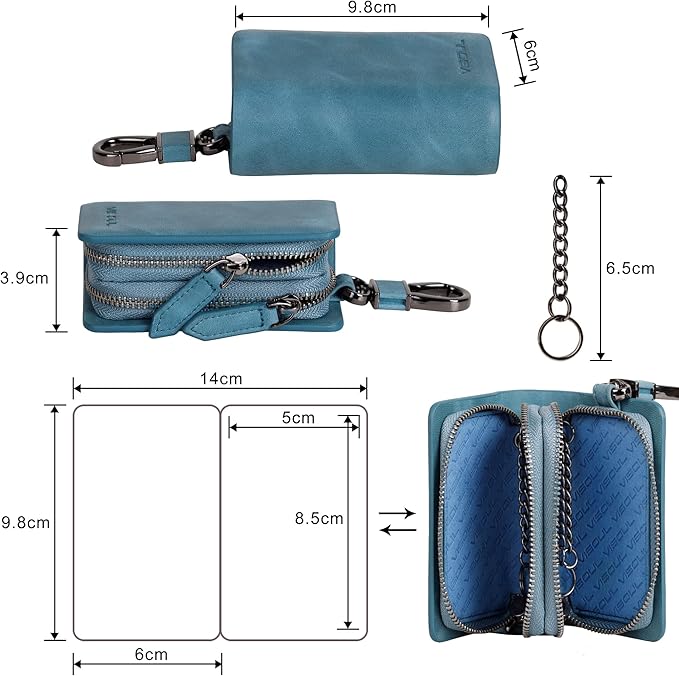 VISOUL Car Key Case Holder Double Zipper, Leather Car Smart Key Fob Case with Keychain for Men and Women