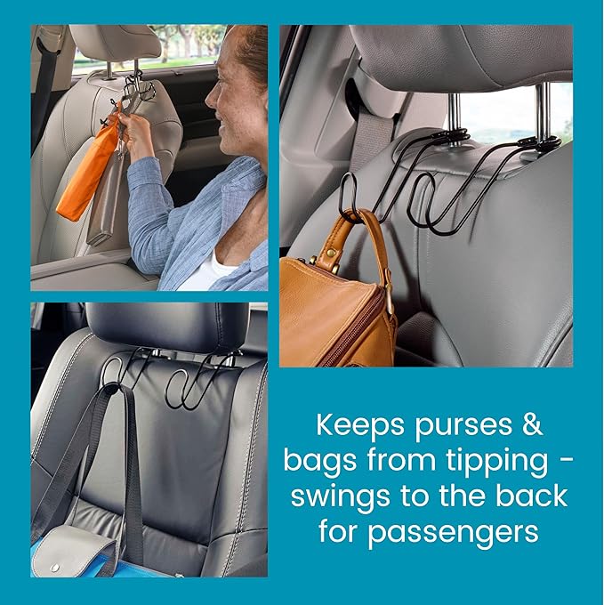 High Road Metal Car Hooks for Purses and Bags - Unbreakable Headrest Car Hooks for Large Purse Straps and Heavy Bags up to 40 lbs - Secure Attachment Loops Fit All Headrest Posts (Single Hook 4-Pack)