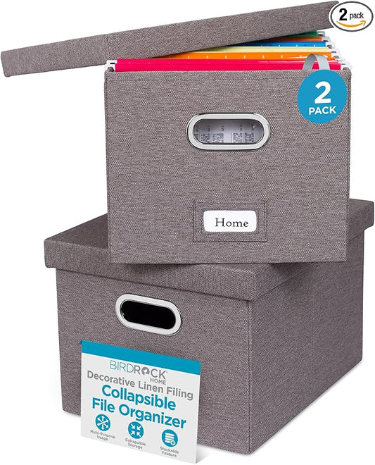 Internet's Best Collapsible File Storage Organizer with Lid - Decorative Linen Filing & Storage Office Box – Hanging Letter/Legal Folder – Home Office Bins Cabinet – Grey Container - 2 Pack