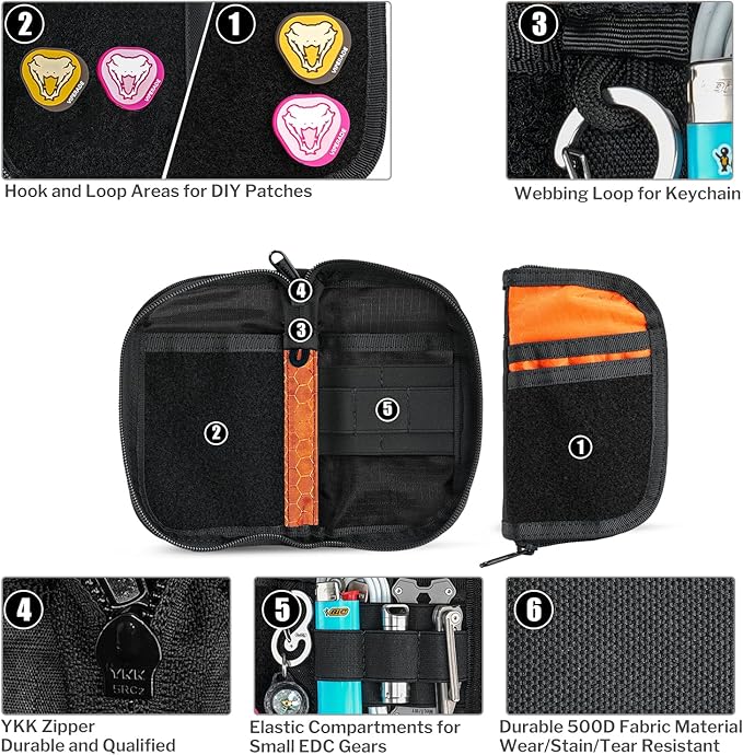 VIPERADE VE22 EDC Pouch Small Pocket Organizer with 9 Compartments, Pocket Tools Pouch with DIY Patches Areas, Compact Multitool Organizer Bag for Men