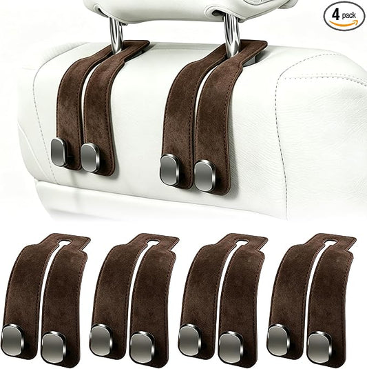 Amelity Car Headrest Hooks, Purse Hook for Vehicle 4 Pack Brown | Universal Car Interior Accessories for Women, Available in 2/4 Pack, Storage Hanger Holds Purses, Backpacks, Grocery Bags