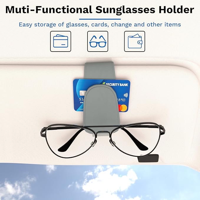 BFXM Sunglass Holder for Car, Sunglasses Holder Eyeglass Hanger Clip Magnetic Leather for Car Visor, Cars Sun Visor Ticket Card Clip
